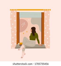 Young woman looking through window while sitting on windowsill at home with books. Hand drawn colored Vector illustration. Thinking, meditating, reading concept. Stay at home