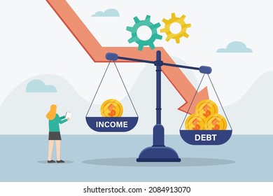 Young Woman Looking At Unbalanced Scales With Heavy Debt More Than Income