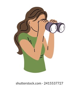 Young woman looking watching through binoculars. Job search, ideas. Secret surveillance. Flat vector illustration isolated on white background
