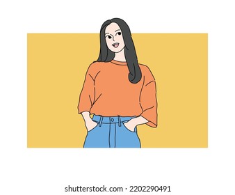 Young woman looking up while smiling. Upper body character. Hand-drawn style minimal vector design outline illustration.