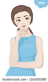 
A young woman looks away thoughtfully. The girl raised her hands to her chin and dreams