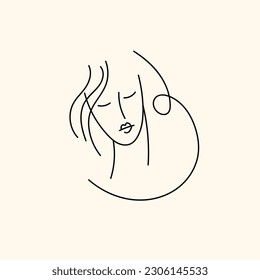 A young woman looks in front of her. Vector linear illustration drawn by hand. A pretty sweet girl.