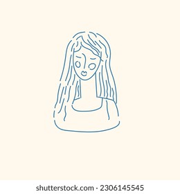 A young woman looks in front of her. Vector linear illustration drawn by hand. A pretty sweet girl.