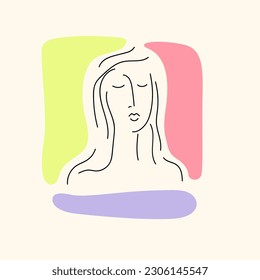 A young woman looks in front of her. Vector linear illustration drawn by hand. A pretty sweet girl.