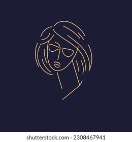 A young woman looks in front of her. Vector linear illustration drawn by hand. A pretty sweet girl.