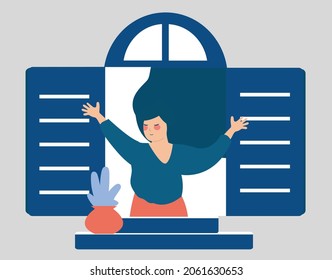 Young woman looks happy and opens the window shutters. Teenager girl breathes the fresh air and opens her arms. Positive vibes, Inner peace, freedom, mental health and lifestyle Concept. Vector stock.