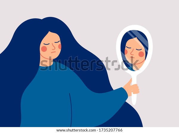 若い女性が鏡に映った彼女を悲しみのあまり見る 体型異形性障害のコンセプト ベクターイラスト のベクター画像素材 ロイヤリティフリー