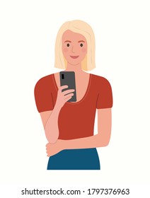 Young woman looks into the smartphone. Vector flat style  illustration