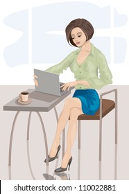 Young woman looks at laptop computer and drinks coffee. File Illustrator 10)