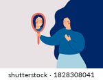 Young woman looks at the mirror and sees her happy reflection. Self-acceptance and confidence concept.