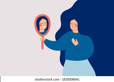 Young woman looks at the mirror and sees her happy reflection. Self-acceptance and confidence concept.