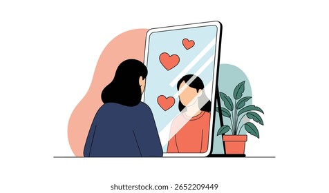 Uma jovem mulher olha no espelho e vê seu reflexo cercado por corações simbolizando amor próprio e aceitação