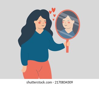 La joven mira en su reflexión con amor. La adolescente mira al espejo con confianza. concepto de autoaceptación, narcisismo y belleza interior. Ilustración del vector 
