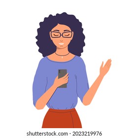 A young woman looks at the phone and smiles. Flat cartoon vector illustration isolated on white background