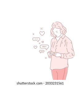 A young woman looks at the phone. Vector linear illustration drawn by hand. Fashion illustration in a realistic style.