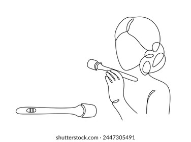A young woman looks at the result of a pregnancy test. Diagnosis of the presence or absence of pregnancy using saliva. Oral research method. Vector illustration.