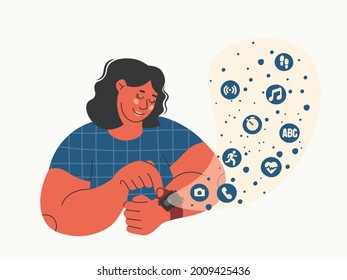 Young woman looks at smart watch. Cute girl wears sports device on her hand. Icons for pedometer, heart rate, tube, timer, music, camera, etc. Isolated vector character.