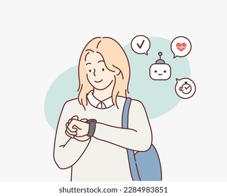 Young woman looks at smart watch. Cute girl wears sports device on her hand. Hand drawn style vector design illustrations.