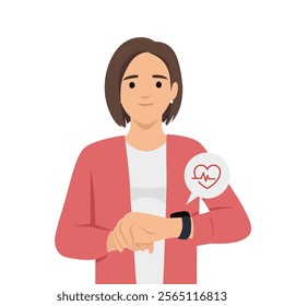 Young woman looks at smart watch with heart rate. Flat vector illustration isolated on white background