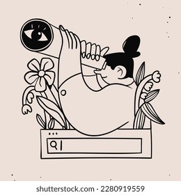 Young woman looks through a spyglass telescope on a search bar with flowers. Searching, finding, web surfing, looking for opportunities concept. Hand drawn Vector illustration. Isolated design element