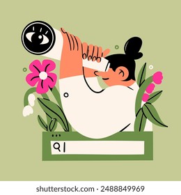 Young woman looks through a spyglass telescope on a search bar with flowers. Searching, finding, web surfing, looking for opportunities concept. Hand drawn Vector illustration. Isolated design element