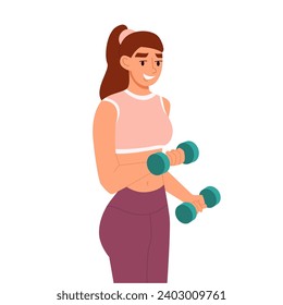 Mujer joven perdiendo peso en casa o gimnasio y haciendo ejercicio con campanas de púas. Concepto de deporte y recreación. Hermosa chica con ropa deportiva. Ilustración vectorial plana aislada en fondo blanco.