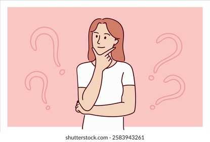 A young woman is lost in thought with question marks floating around her. Her expression reflects uncertainty and decision-making
