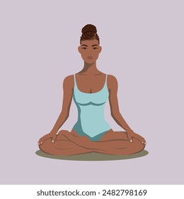 Young woman in lotus pose. African American girl with simple facial features practicing yoga sitting in padmasana. Calm and peaceful yoga. Concept for yoga studio