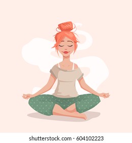 Young woman in lotus pose. The girl is engaged in yoga. Meditation and relaxation. Vector illustration for a banner.