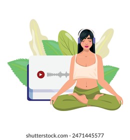 Young woman in lotus pose with headset, eyes closed, large cellphone background displaying sound wave and play button with green leaves