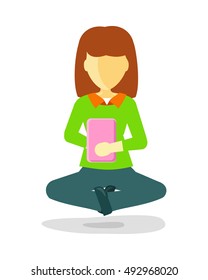 Young woman in lotus pose using her smartphone. Woman in green shirt and pants sitting with legs crossed. Woman icon. Isolated object in flat design on white background.