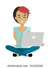 Young woman in lotus pose using her grey laptop. Woman in blue shirt and pants sitting with legs crossed. Woman icon. Isolated object in flat design on white background.