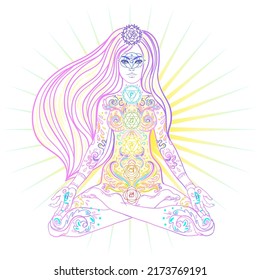 Young woman in lotus position. Chakras concept. Person doing yoga, decorative mandala round pattern. Flower of Life. Alchemy, philosophy, spirituality. Vector illustration.