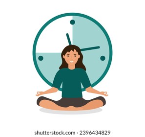 Young woman in the lotus position meditates near the clock and finds balance. The concept of break and stop of time. Patient peaceful woman waits near the clock. flat vector illustration on white