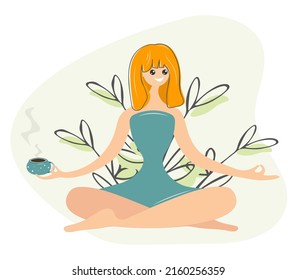 Young woman in the lotus position on the background of plants. A bright blonde is doing yoga in nature. Cute girl is meditating with a cup of coffee. Sports, recreation, recovery. Flat vector yoga day