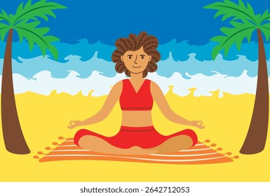 Young woman in lotus position on the beach under palm trees. Vector illustration of woman doing yoga, her mental health, outdoor activities