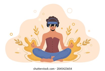 Young woman in lotus position practices yoga with VR glasses. Technologies for the future of mental and physical health. Trendy flat vector illustration