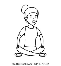 young woman in lotus position with store building