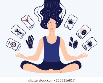 Young woman in lotus position with tarot cards around. Vector illustration of astrological forecast, mysticism, metaphysical elements