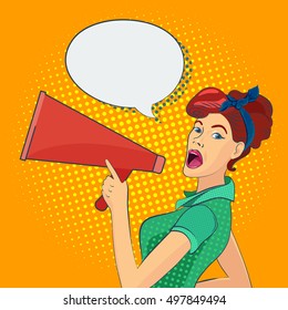 Young woman with loudspeaker, stylized pop-art illustration