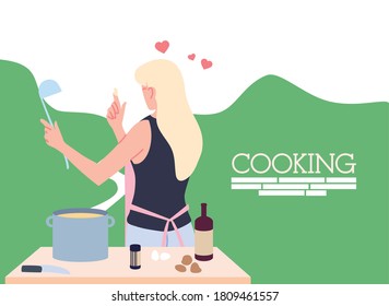 young woman in love cooking soup in the kitchen vector illustration design