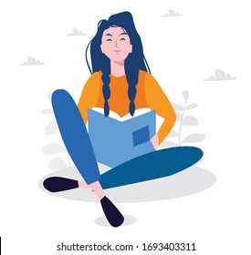 A la joven le encanta leer libros, ilustración vectorial para banner web, infografía, móvil. La chica leyó un libro interesante.