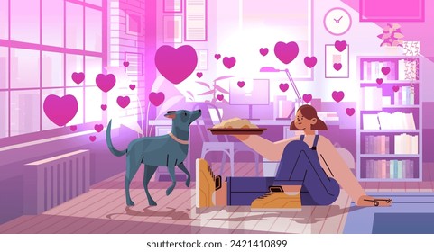 young woman in love spending time with dog female owner and cute domestic animal friendship with pet valentines day celebration