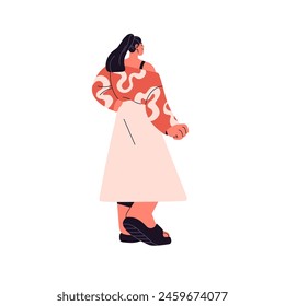 Young woman in lovely summer dress stands, waits back view. Happy fashion girl wearing summertime clothes: sandals, skirt and patterned blouse. Flat isolated vector illustration on white background