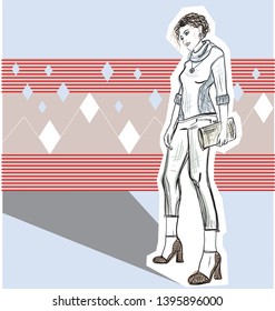 Young woman loves mountains, looks beautiful, stands on the background of a pattern for a sweater in the form of a collage