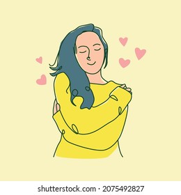Young woman loving herself. Line art style vector illustration suitable for calm wellness or mental health content