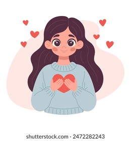 Young woman lovingly embracing a red heart. Positive body and mental health concept. Holding heart to chest