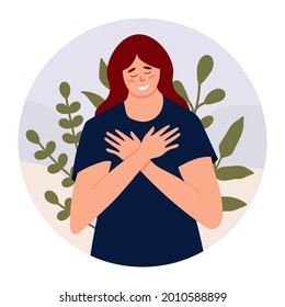 Young woman lovingly hugs herself and her body. Love yourself and overcome personal and psychological problems. Self love and self confidence and care. Mental health, confidence. Vector illustration