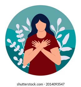 Young woman lovingly hugs herself and her body. Love yourself and overcome personal and psychological problems. Self love and self confidence and care. Mental health, confidence. Vector illustration