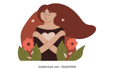 Young woman lovingly hugs herself and her body. Love yourself and overcome personal and psychological problems. Self love and self confidence and care. Mental health, confidence. Vector illustration